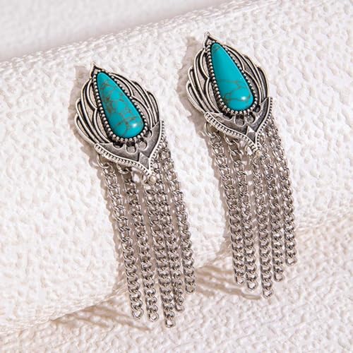 Boho Long Chain Tassel Dangle Earrings Ethnic Geometric Turquoise Stud Earrings Silver Fringe Chandelier Earrings Statement Jewelry for Women