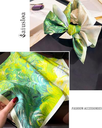Saiusloa Neck Scarf For Womens Silky Head Scarves Hair Bandanas Square Scarf Fashion Accessories lightweight - color: 20-green Oil Painting