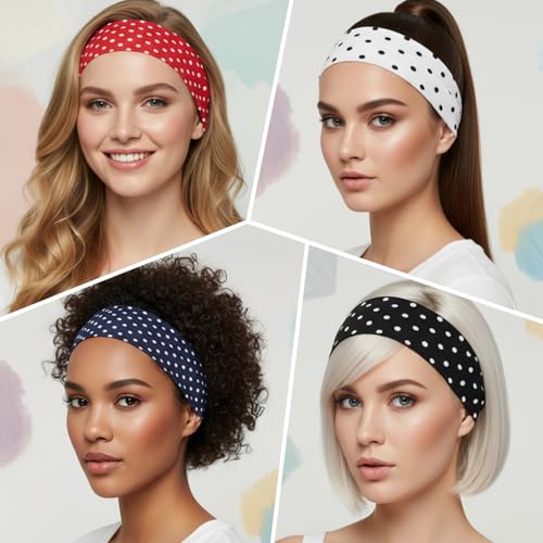6PCS Polka Dot Fabric Headbands, Soft Stretchy Headbands, Wide Polka Dot Headband, for Running, Yoga, and Everyday Wear (Black, White, Red, Navy Blue)