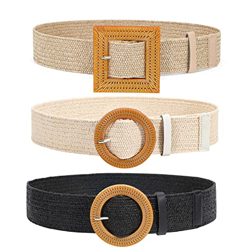 VONMELLI 3 Pack Straw Woven Elastic Stretch Waist Belt Fashion Boho Dress Braided Belts for Women Khaki Beige Black M