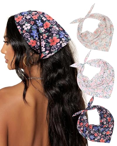 AWAYTR 3Pcs Hair Bandanas Head Kerchief for Women Girls Tie-Back Boho Hair Scarf Headband Bandana Triangle Head Scarf - color: Floral - Mixed Colors