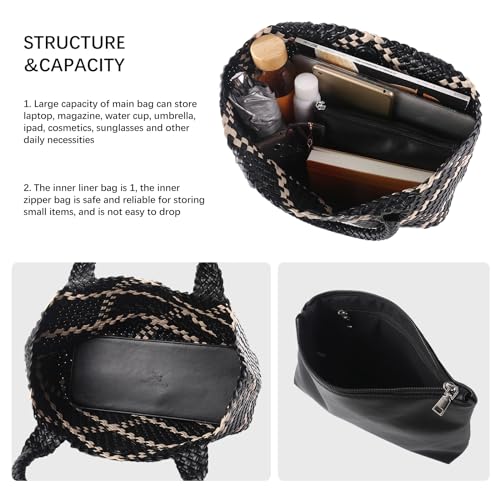 Woven Tote Bag Womens Purse Vegan Leather Shoulder Handbags Fashion Summer Beach Tote Bags Large Travel Totes - color: Black-a
