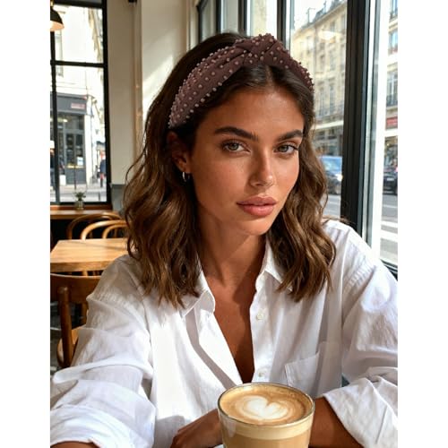 YISSION 1PC Beaded Knotted Headband Wide Jeweled Headbands for women Non Slip Embellished Hairband Coffee Head Band Hair Accessories for Women Girls - color: Coffee