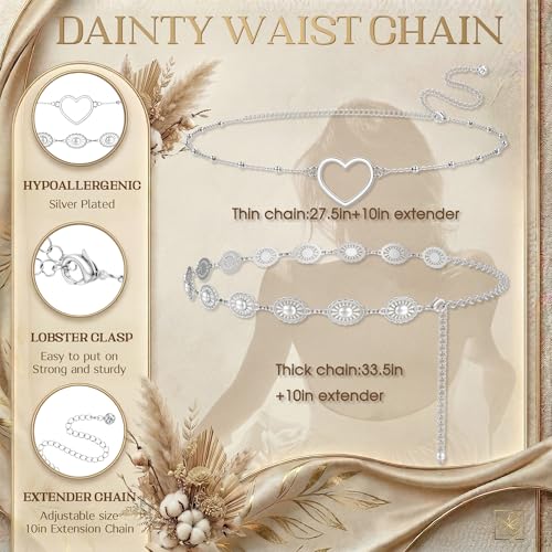 Florideco Waist Chain Belt for Women, Layered Belly Chain, Waterproof Boho Pearl Concho Cuban Body Chain, Adjustable Summer Beach Coachella Fashion Jewelry for Jeans Dresses - style: Silver Plated-Concho Chain