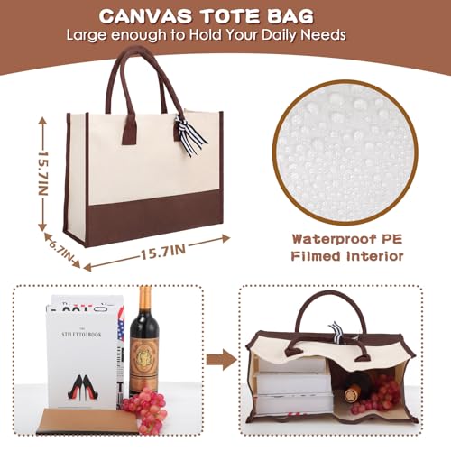 Reginary 12 Pack Canvas Tote Bags Initial Classic Present Personalized Canvas Beach Bag for Wedding, Birthday, Beach(Brown and White) - color: Brown and White