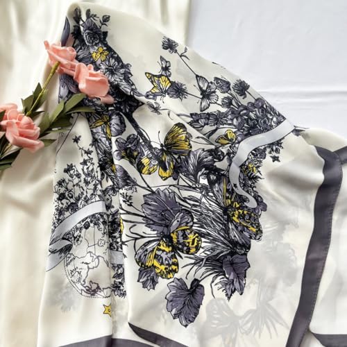 Julunar Silk Like Head Scarf for Women - Satin Large Hair Scarves - 35" Square Silk Hair Wrap for Sleeping with Gift Packed - color: A026-1 Butterfly Grey