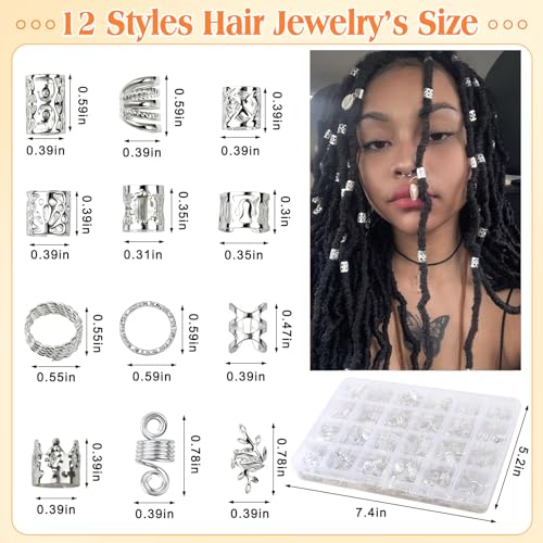 300 Pcs Silver Hair Jewelry for Braids,12 Styles Dreadlock Accessories, Adjustable Metal Hair Clips, Hair Cuff Coils Rings Braiding Decorations for Women Men - color: Silver