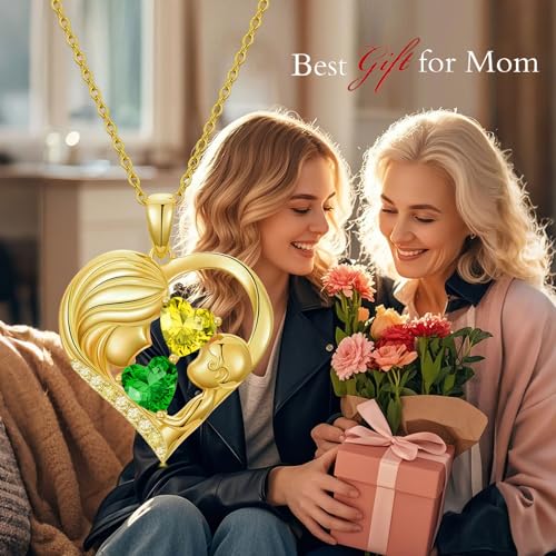 Mothers Day Gifts 14K Yellow Gold Mother Daughter Heart Pendant Necklace with 12 Months Birthstone Birthday Gifts for Mom Anniversarry Jewelry for Mom Wife Girlfriend - color: 05-11-May-Nov Birthstone