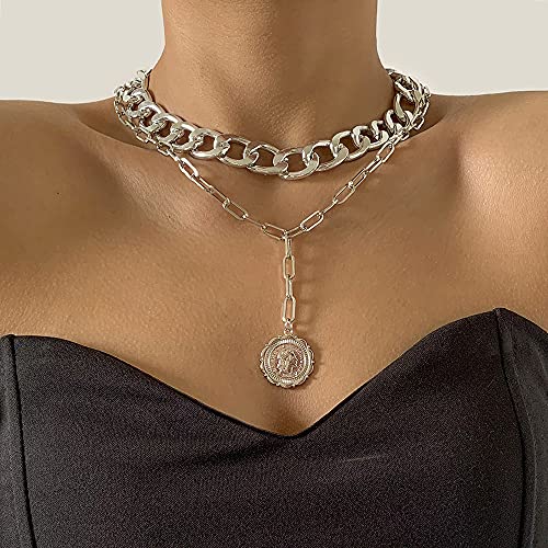 JWICOS Dainty Layered Silver Women's Cuban Chain Necklace Bohemian Coin Pendant Link Chunky Necklace for Women (Silver) - color: Silver