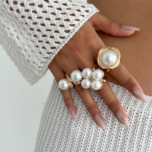 Gold Pearl Rings for Women Chunky Baroque Pearl Ring Open Adjustable Pearls Ring Boho Prom Costumes Jewelry Accessories - color: Gold