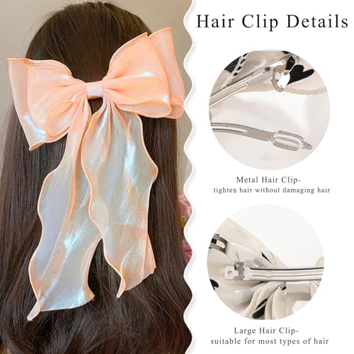 Large Hair Bow Clips for Women, Pink Bow Hair Barrettes with Long Tail French Hair Ribbon Clips Hair Accessories for Girls (Orange) - color: Orange