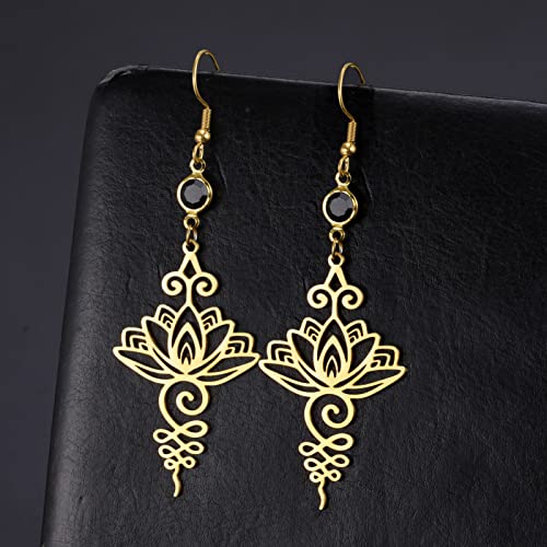 TEAMER Stainless Steel Lotus Flower Dangle Earrings Bohemian Drop Earring Unique Geometric Jewelry for Women - color: Lotus 4-Gold