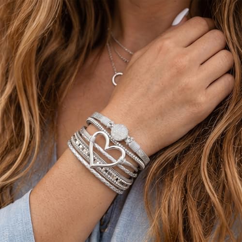 Long tiantian Leather Bracelets for Women Warp Bracelet Stackable Boho Layered Bracelet Chunky Heart Trendy Birthday Gifts for Her - color: A10：chunky bracelets for women(silver)