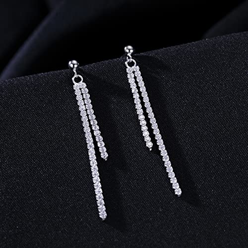 SLUYNZ 925 Sterling Silver Simulated Diamond Drop Earrings Linear Dangle Earrings for Women Teens Eelgant Wedding Bridal Prom Earrings Dainty CZ Long Dangling Earrings Tassel 4.5 cm/7.5 cm - color: A-Silver-4.5cm