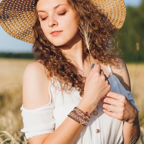 Leather Wrap Bracelet for Women, Boho Cuff Bracelet with Strong Clasp, Multi-Layer Crystal Leather Bracelet for Valentine Mother's Day - color: 01-Heart-Brown