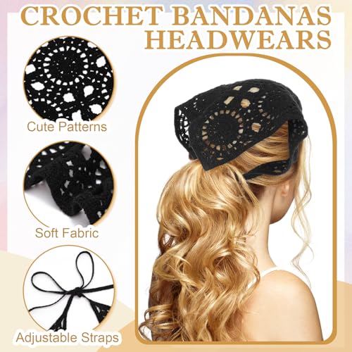 JATEBI 4PCS Women's Floral Lace Mesh Triangle Head Scarves Adjustable Boho Bandanas - color: Black, White and Beige