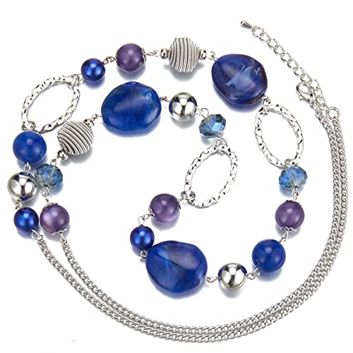 BULINLIN Beaded Long Necklace for Women Silver Sweater Chain Necklace with Crystal Resin Beads, Fashion Jewelry Necklace - color: Sapphire