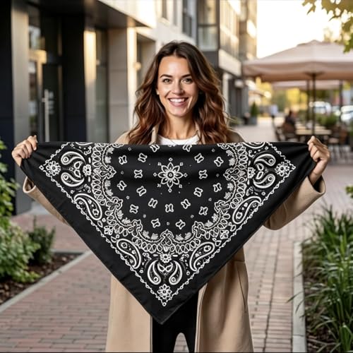 Junvena 27 Inch Extra Large Bandana 100% Cotton,Soft Thin Breathable Headband for Men Women, Solid & Paisley - color: Black Paisley 3 Pack