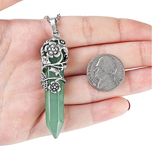 Top Plaza Antique Silver Flower Wrapped Natural Green Aventurine Healing Crystal Necklace - color: Green Aventurine