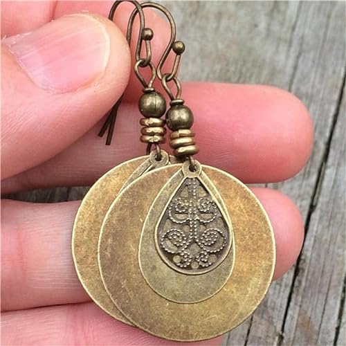 Bohemian Earrings - Dangle Boho, Handmade Antique Ethnic Jewelry, Vintage Carved Hoop Spiral Earrings for Women, Ethnic Brown Disc Round