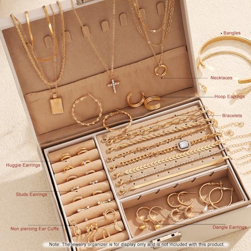 KISS WIFE Golden Jewelry Set for Women with Multi Layered Necklaces, Stackable Bracelets, Knuckle Rings, Hoop Earrings, Fashion Outfit Accessories Jewelry Packs Gifts for Women - style: Style 2
