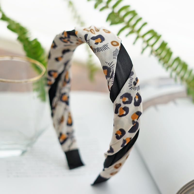 Braided Headband for Women-Vintage Fabric High Crown Headband with Non-Slip Teeth, Cute Boho Knotted Hair Band for Women & Teens (10-Leopard, One Size) - color: 10-Leopard