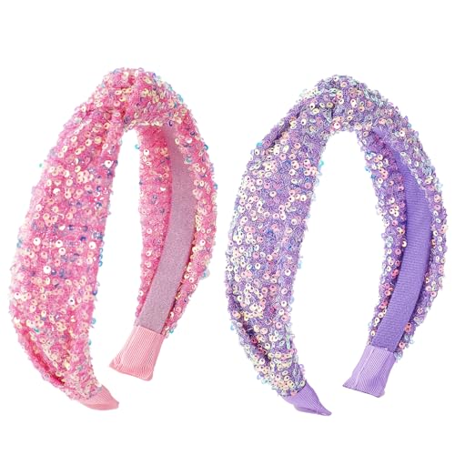 2 Pcs Sequin Knotted Headbands for Women Girls Glitter Sparkly Headbands Fashion Hair Accessories for Christmas Valentine’s Day (Pink and Purple)