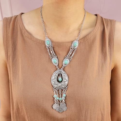 Bethynas Bohemian Ethnic Tribal Chunky Necklace Multilayer Long Tassel Turquoise Statement Neck Chain Retro Coin Gemstone Exaggerated Costume Accessories for Women - color: F-Blue