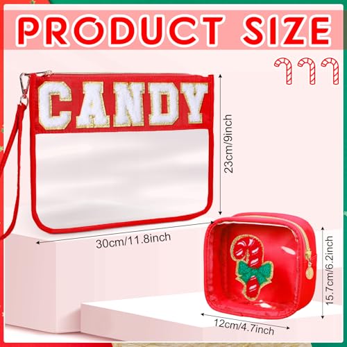 Hillban 2 Pcs Christmas Gifts Chenille Letter Bags Xmas Makeup Cosmetic Bag Clear Toiletry Zipper pouch Candy Canes purse Waterproof Travel Purse Preppy Things for Women Holiday Present - style: Candy Theme