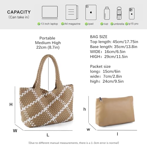 Woven Tote Bag Womens Purse Vegan Leather Shoulder Handbags Fashion Summer Beach Tote Bags Large Travel Totes - color: Apricot-w