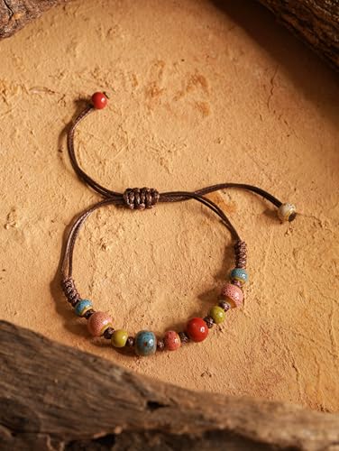 MINACHI Bohemian Colorful Ceramic Bead Adjustable Leather Bracelet, Boho Hippie Summer Jewelry Gift for Women - color: S03
