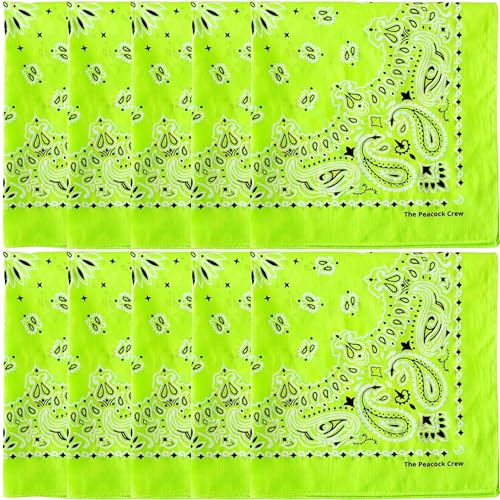 The Peacock Crew Premium Soft Cotton Bandanas Pack for Men and Women Paisley 22 x 22 inches - color: Pack of 10 Lime Green
