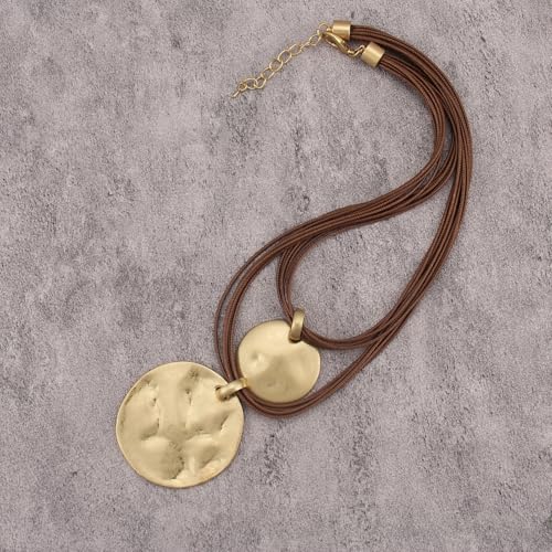 Leather Necklace for Women Large Pendant Hippie Choker Necklace Vintage Sweater Necklace Chunky Boho Necklaces for Women - style: Funky Statement Necklace