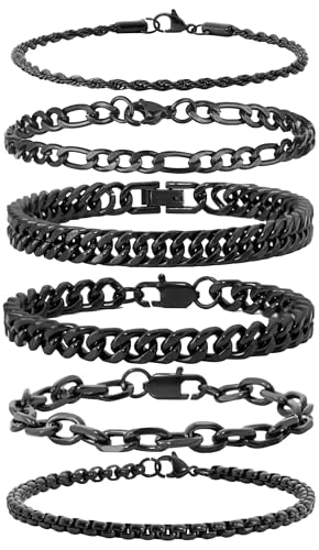 XIANNVXI 6pcs Bracelets for Men Gifts for Him Stainless Steel Bracelet Silver/Gold/Black Cuban Link Rope Paperclip Chain Bracelets Set 6.5/7/7.5/8.3/9 Inches Metal Bracelet Mens Fashion Accessories Jewelry Gifts Set - color: Black, size: 6.5 in-Women X-Sm