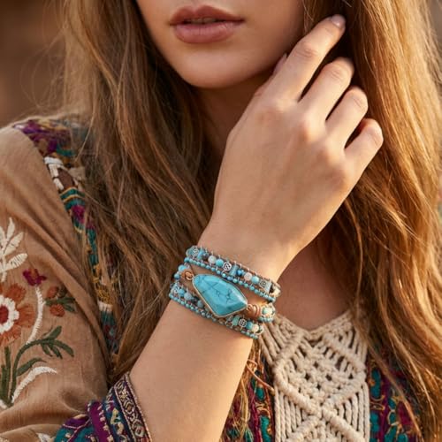 YGLINE Boho Handmade Wrap Leather Tube Crystal Stone Bracelet for Women - color: Turquoise-3 wrap