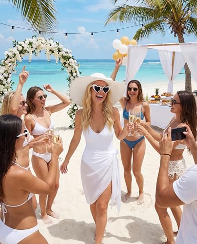 3 Pcs Summer Beach Set for Women Wide Brim Straw Sun Hat, Swimsuit Coverup Sarong, Heart Sunglasses - color: White