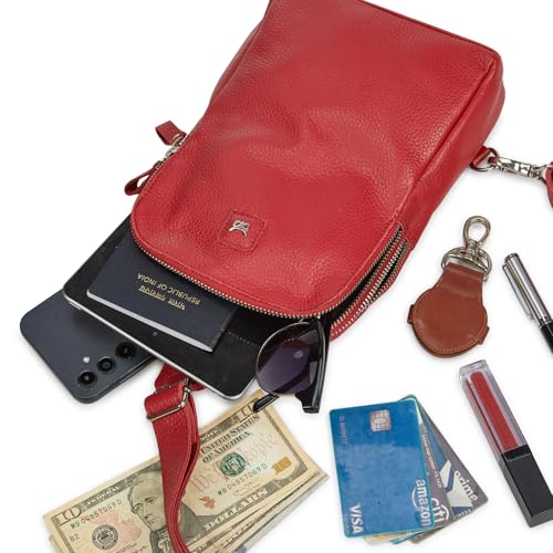 Leather Sling Bag for Women Genuine Crossbody Purse Small Trendy Cross Over Chest with Phone and Credit Card Slots (Red Nappa) - color: Red Nappa