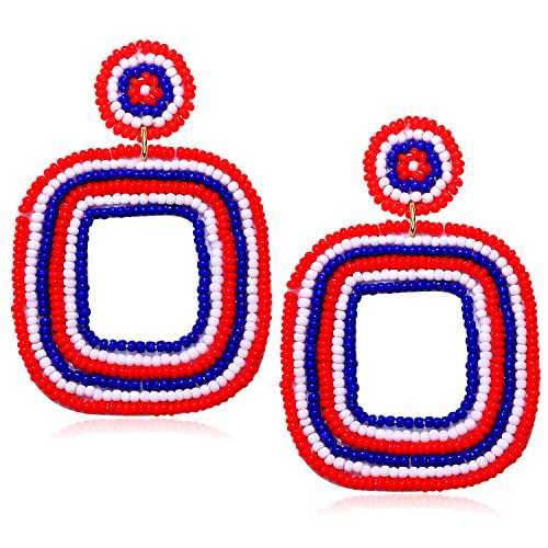 Beaded Drop Earrings Multicolored Seed Bead Earrings for Women Bohemia Statement Square Bead Hoop Dangle Earrings for Wedding Party Vacation - color: Red White Blue