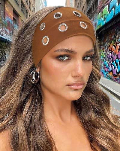 AWAYTR Women Hollow Out Eyelet Elastic Headband Y2K Wide Grommet Hairband Punk Grunge Wide Band for Girls (Black/Coffee/Gray, One size) - color: Black/Coffee/Gray
