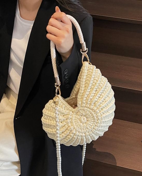 Handmade Crochet Tote Bag Seashell Purse for Women Boho Shell Handbag Crossbody Shoulder Bag Summer Beach Clutch Hobo Handbag - color: Beige