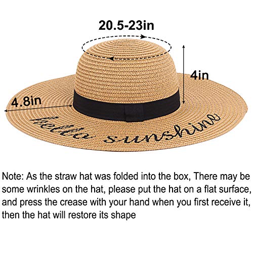Double Couple Womens Straw Hat Wide Brim Floppy Beach Sun Hat for Women UPF 50+ Adjustable Strap Vacation - color: Hello Sunshine&khaki