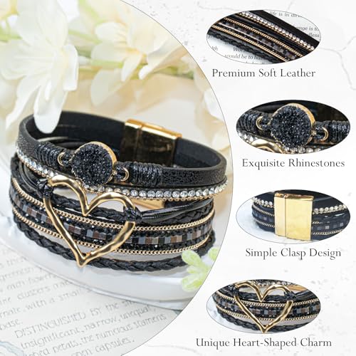 Leather Wrap Bracelet for Women, Boho Cuff Bracelet with Strong Clasp, Multi-Layer Crystal Leather Bracelet for Valentine Mother's Day - color: 01-Heart-Black