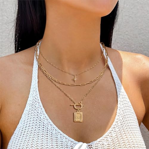 Paxuan Dainty Gold 3-Layer Personalized Initial Necklace for Women - 18K Gold Layered Letter Pendant Necklace Adjustble Paperclip Chain Choker Necklace Jewelry Gifts with Star Charm - style: Letter M