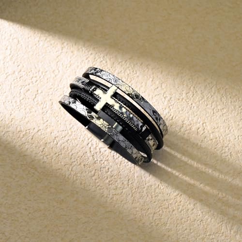 VIBILIA Boho Leather Wrap Bracelets for Women Men Multi-Layer Bracelets with Strong Clasp Western Jewelry - color: 06-Cross-Black