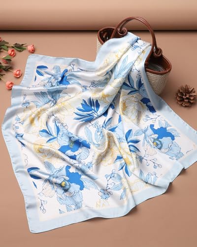 AWAYTR 27.5” Square Satin Head Scarf Hair Scarf for Women's Hair Silk Bandana for Women Silk Head Wrap for Sleeping - color: Flower (Light Blue)