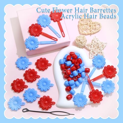 60PCS Hair Beads for Braids Blue Red Flower Self Hinge Hair Clips | 4th of July,Cute Dreadlock Beads, Acrylic Pony Bead,Plastic Hairpin Clips,80s 90s Colorful Hair Accessories - color: Blue&Red