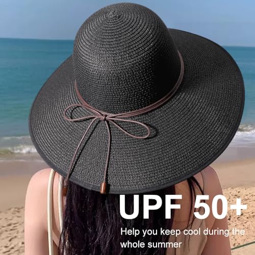DRESHOW Beach Hats for Women Big Straw Wide Brim Summer Hat Floppy Foldable Roll up Cap Sun Hat UPF 50+ - color: 1 Pack Bowknot Hat: Black, 4.7" Brim