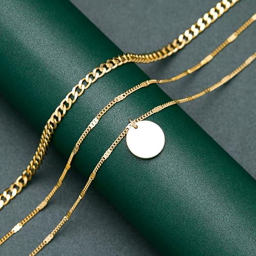 WomenGifts Layered Gold Necklaces for Women, 14K Gold Sterling Silver Plated Dainty Pendant Necklace Set Non Tarnish, Chunky Stackable Cuban Chain Choker, Trendy Birthstone Vacation Jewelry Gift - color: Gold, style: Mirror Coin