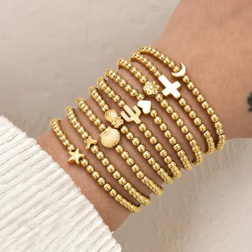 ÌF ME 16 PCS Gold Bead Bracelet for Women, Gold Beaded Stretch Plated Stackable Strand Bead Ball Bracelets stack Adjustable Jewelry Set for Gifts - color: 9 PCS Gold