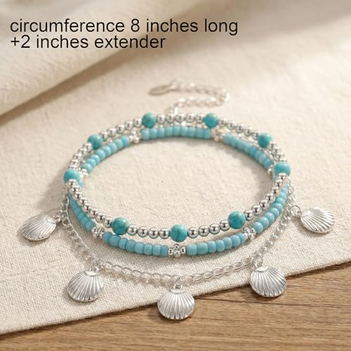 Boho Beads Beach Layered Anklet Set for Women, Handmade Gold Starfish Pearl Shell Anklets Summer Ocean Accessories Jewelry Gift - color: Blue